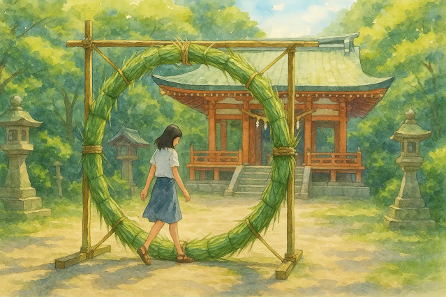 大きな茅の輪をくぐる女性と、背景に見える赤い神社と石灯籠を描いた水彩画風の夏越の祓の情景