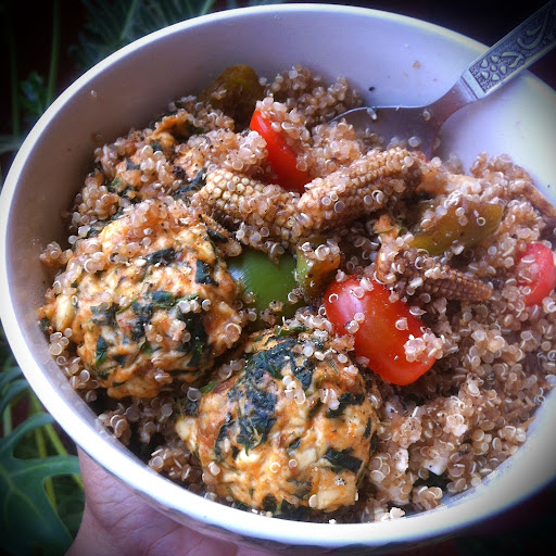 Tofu Walnut Dumplings and Balsamic Vegetables in Quinoa