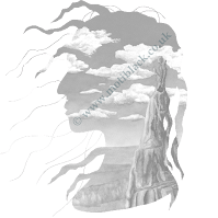 A shape of a woman's head filled with a grey image of a tall mountain, clouds in the sky, and desert like landscape.