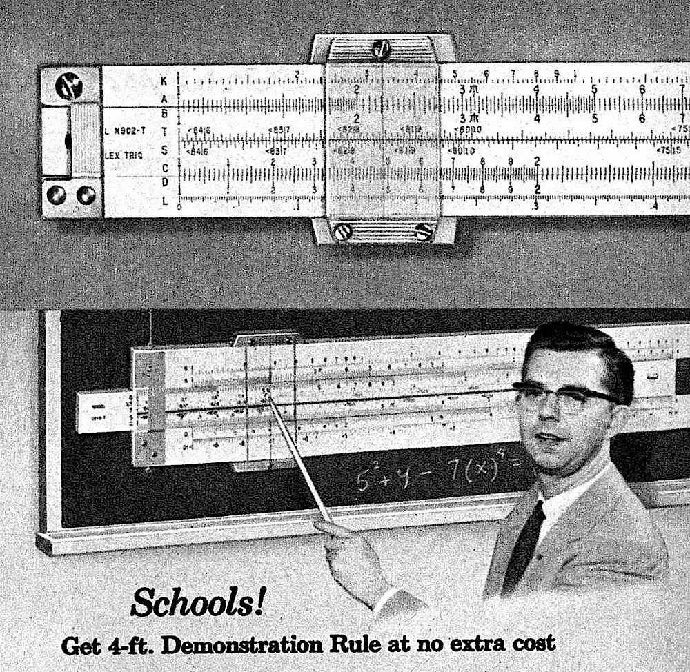 a giant demonstration slide rule teaching aid for calculating,  1963