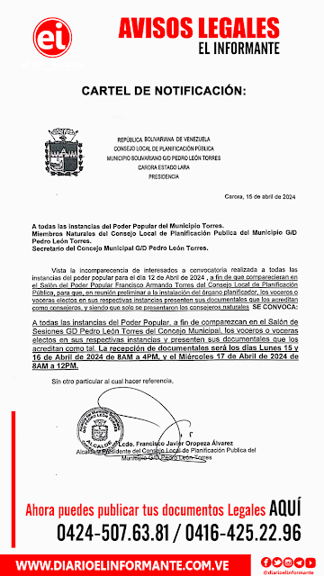 A QUIEN PUEDA INTERESAR: MIEMBROS DEL CONSEJO LOCAL DE PLANIFICACIÓN PUBLICA DEL MUNICIPIO G/D PEDRO LEÓN TORRES