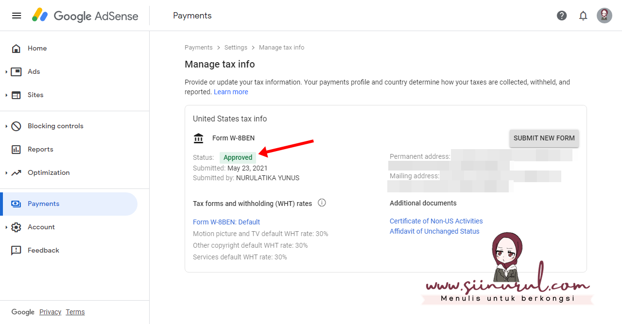 Cara Mengisi Manage Tax Info Google Adsense di Blog