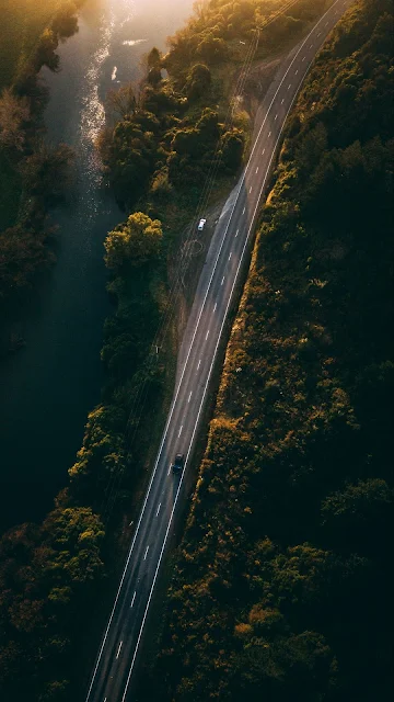 Wallpaper Drone Road Photo, Aerial View, River, Sunlight, Trees