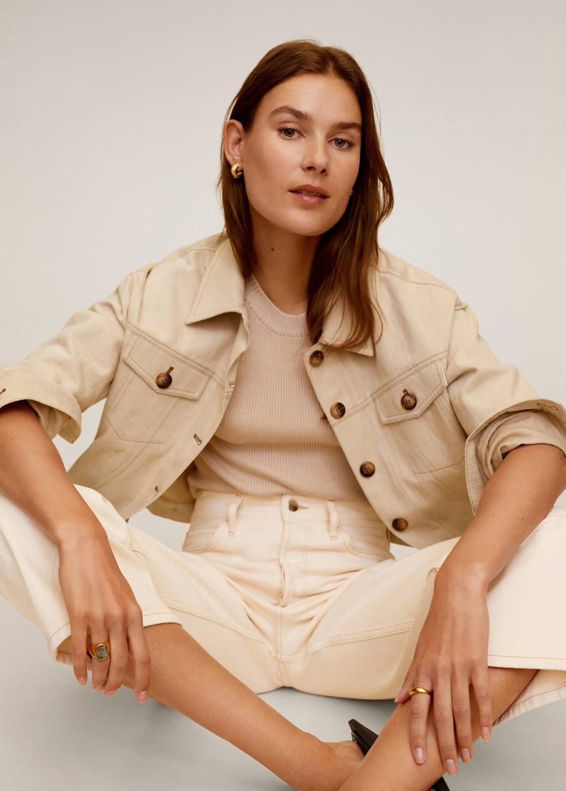 Mango Sale — Neutral Denim Jacket, Ribbed Top and High-Waisted Beige Jeans