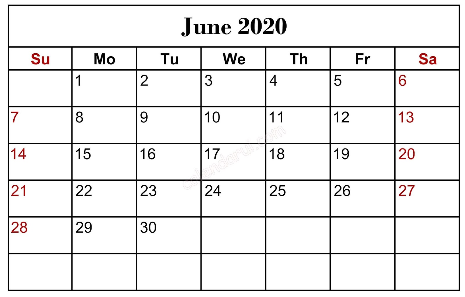 2020 June Calendar