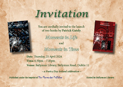 Invitation to the launch of two books by Patrick Gately (the Moments series)