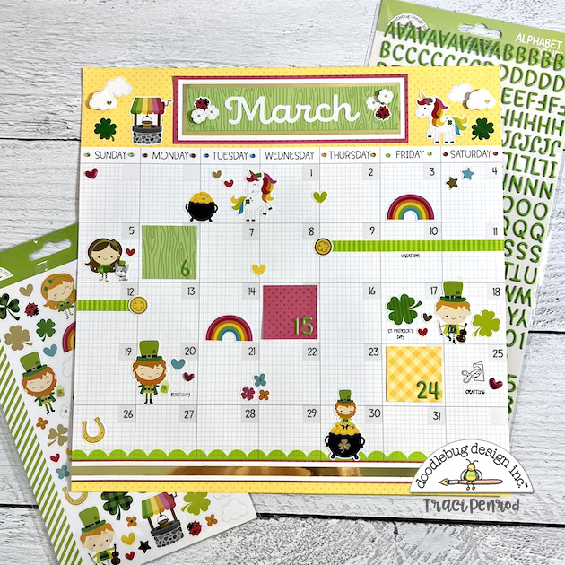 March Calendar 12x12 Scrapbook Page with rainbows, unicorns, lephrechauns & clovers