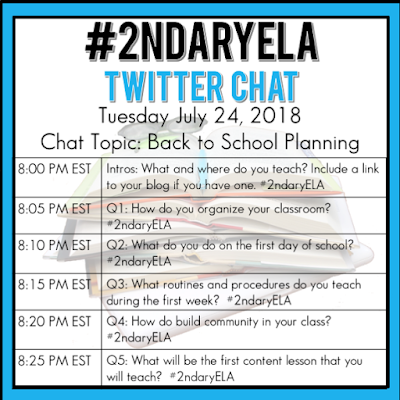 Join secondary English Language Arts teachers Tuesday evenings at 8 pm EST on Twitter. This week's chat will be about back to school planning.