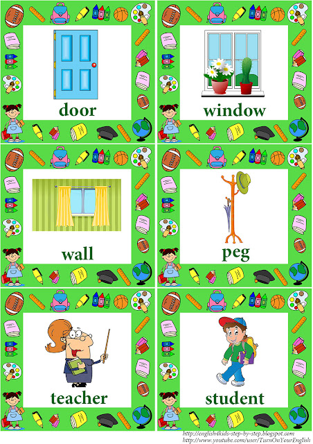 school vocabulary flashcards with words for children