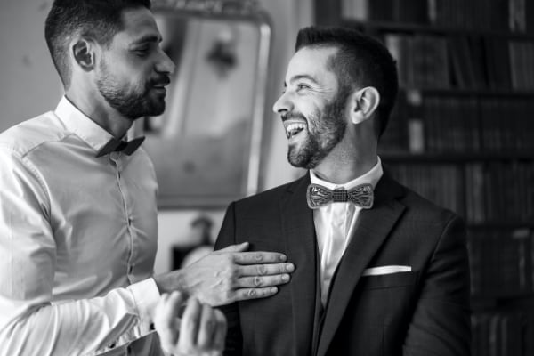 Black and white image of Groom and best man