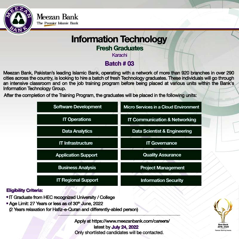 Meezan Bank Limited hire a batch of fresh Technology graduates 2022