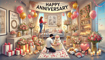 A scene of a surprise anniversary celebration being planned in a modern living room. The space is adorned with balloons, confetti, and a large 'Happy Anniversary' banner. Someone is carefully arranging a gift on a beautifully decorated table, while another is adding final touches to a personalized cake. The room also features wrapped presents, candles, flower bouquets, and a romantic photo collage on the wall, with a path of rose petals leading to a cozy surprise setup.