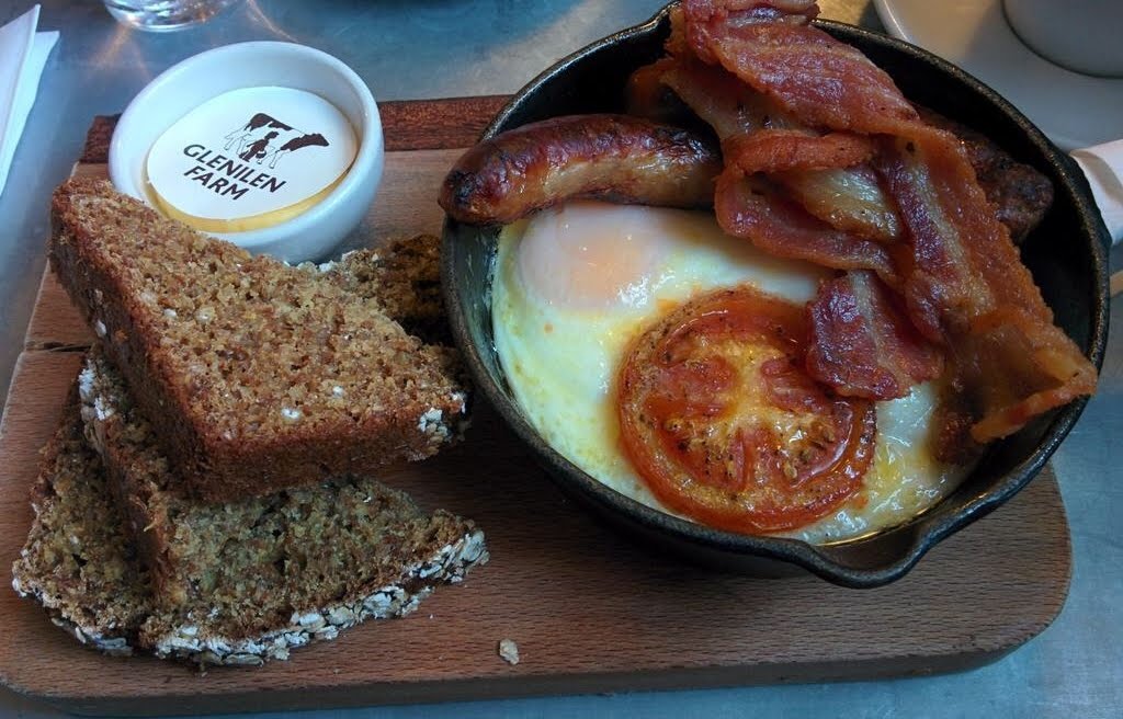 Double Baked Eggs, Soda Bread, Bacon, Sausage and Roast Tomato at Hatch and Sons