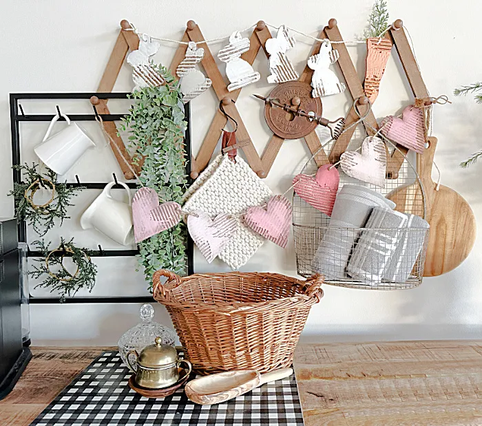 shelves with pegs and kitchen items and banners