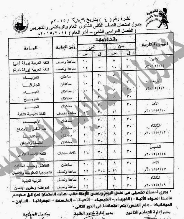 ننشر جدول امتحانات الشهادة الاعداديه والثانويه والابتدائيه الترم الثانى 2015 أخر العام (محافظة القليوبيه)