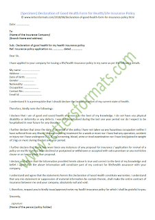 Declaration of Good Health Form for Health or Life Insurance Policy
