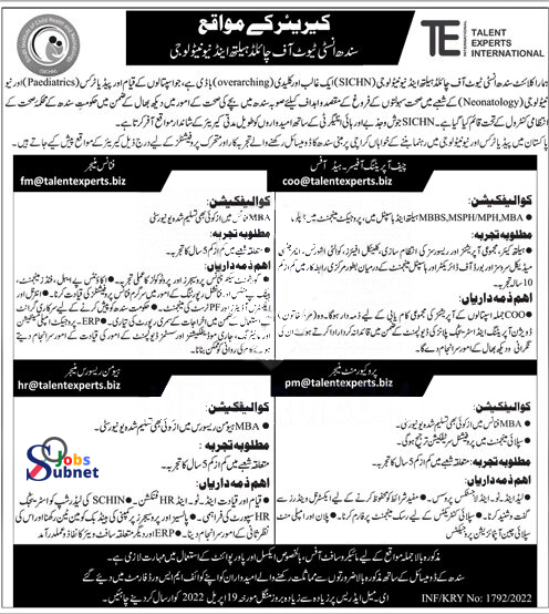 Latest jobs in Pakistan 2022 in Sindh Institute of Child Health and Neonatology SICHN