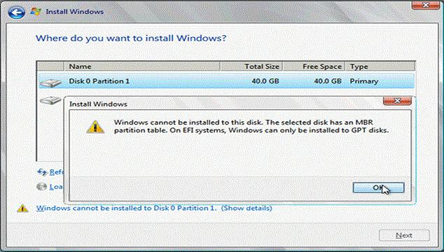 Windows could not be installed to this disk