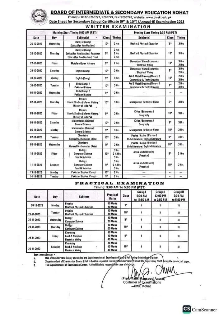 BISE Kohat Date Sheet 2023 SSC 2nd Annual