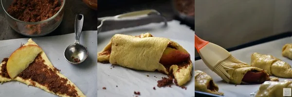 Step by step photos showing how to assemble crescent roll apple turnovers