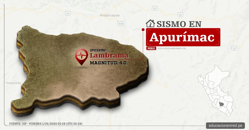 Temblor en Apurímac de Magnitud 4.0 (Hoy Viernes 1 Mayo 2020) Sismo - Epicentro - Lambrama - Abancay - IGP - www.igp.gob.pe