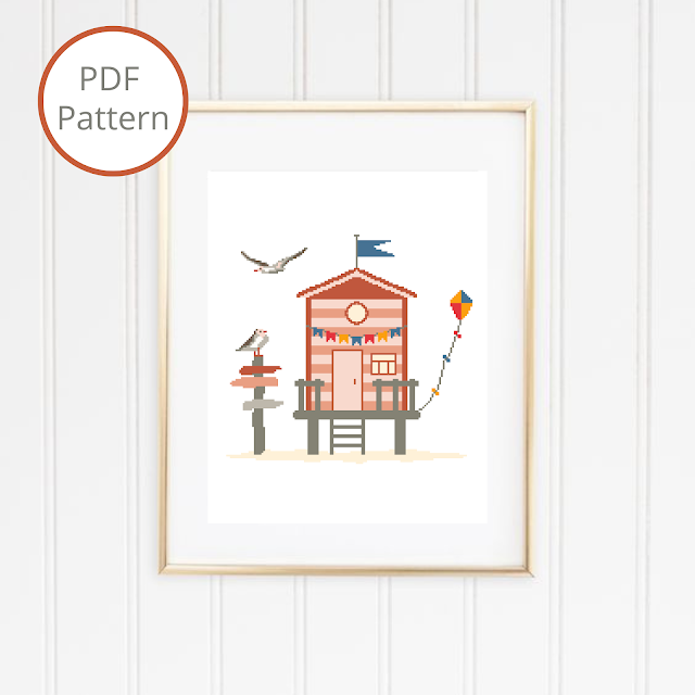 Beach Hut with Flag and Seagulls - Cross Stitch Pattern