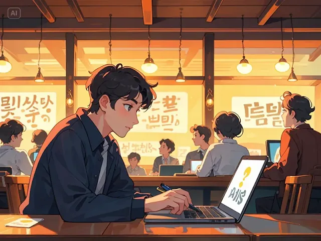 카페에서 노트북에 『사피엔스』의 핵심 키워드를 요약하고 질문을 작성하는 20대 대한민국 남성의 모습