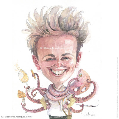 Watercolor caricature on a white background of a blonde woman with a funny octopus holding a cup of white wine.