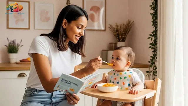 أم تقدم أول ملعقة طعام صلب لطفلها الرضيع، تطبيقًا لدليل تغذية الرضيع