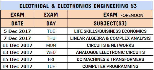 s3 electrical Electronics engineering ktu subject wise timetable dec 2017