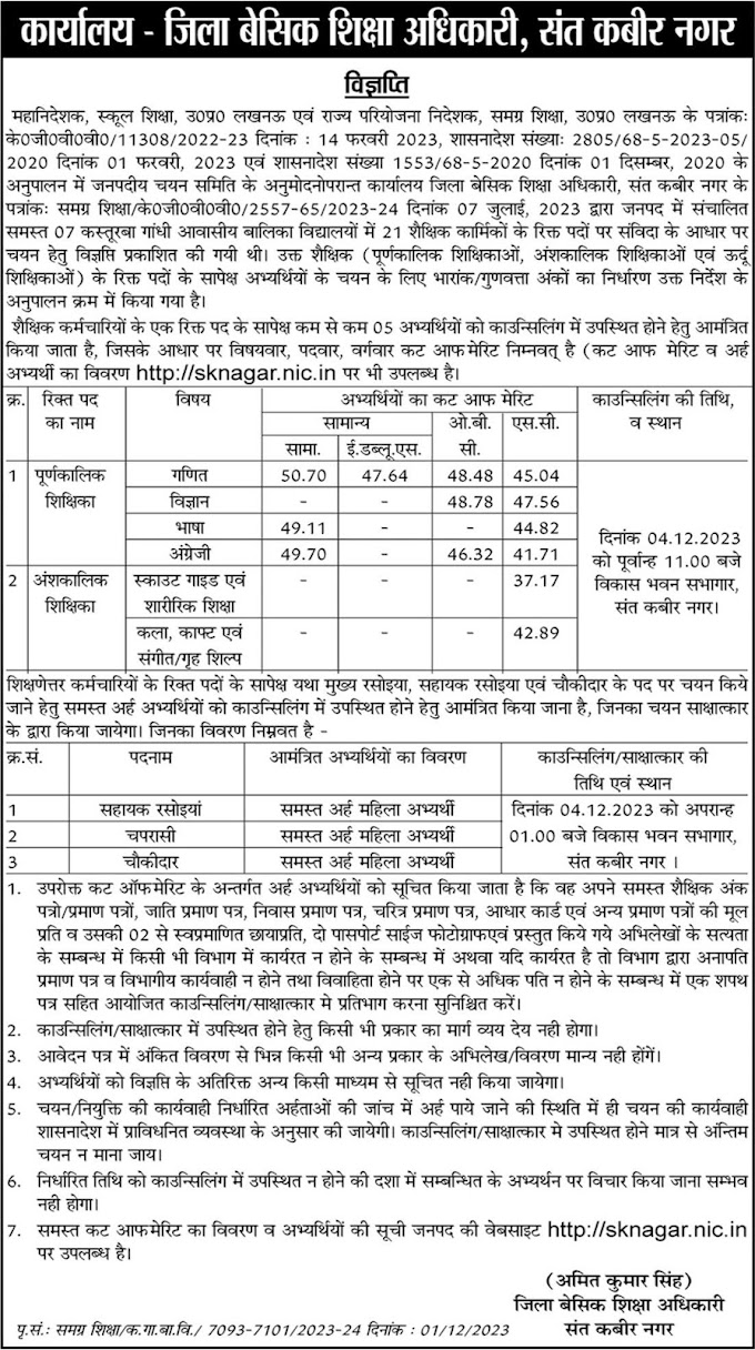 कस्तूरबा विद्यालयों में चयन के सम्बन्ध में