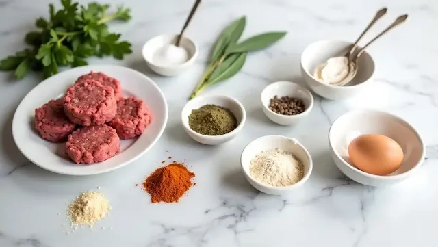 Ingredients for homemade keto air fryer sausage patties, including ground beef and spices, neatly labeled on a counter.
