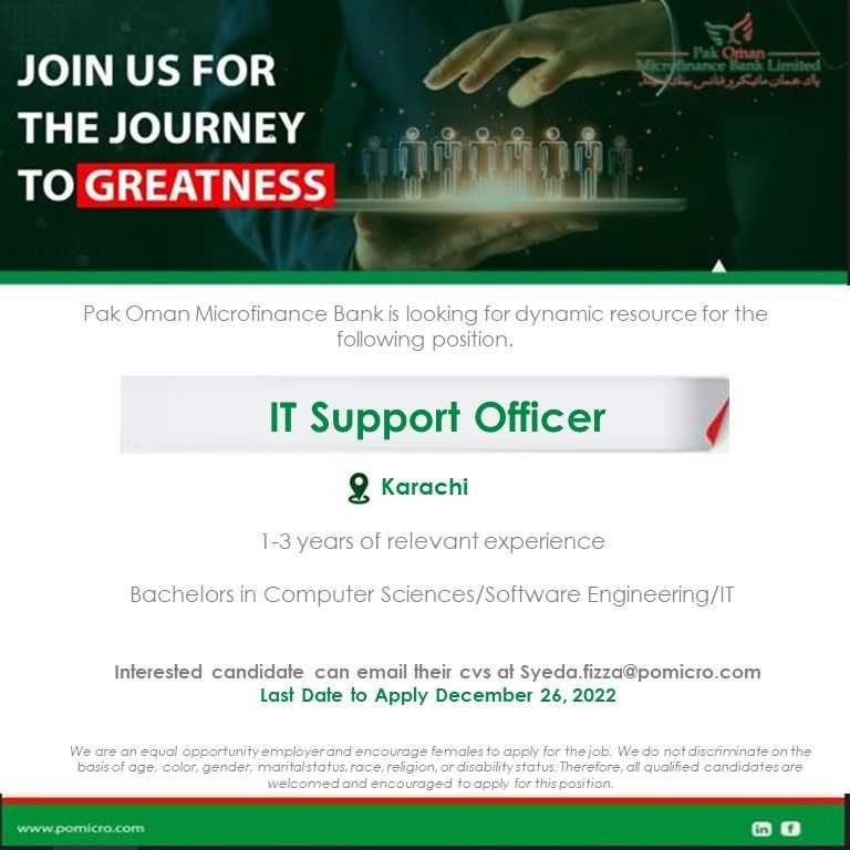 Pak Oman Microfinance Bank Looking for the Post of IT Support Officer