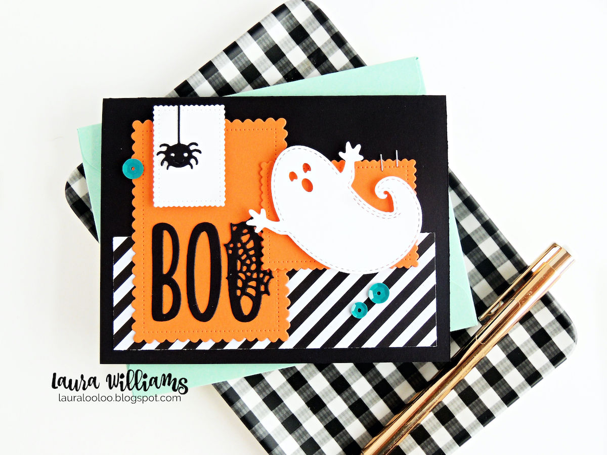 Make a fun Halloween card with a sweet die cut ghost and the word BOO, using a collage style of layered rectangles for this cute and spooky card base. Click for more ideas using the Cute Scalloped Rectangle die set from Impression Obsession.