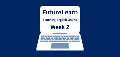 Dark blue background with a light blue and white laptop with the words FutureLearn, Teaching English Online, Week 2 in dark blue lettering on the screen.