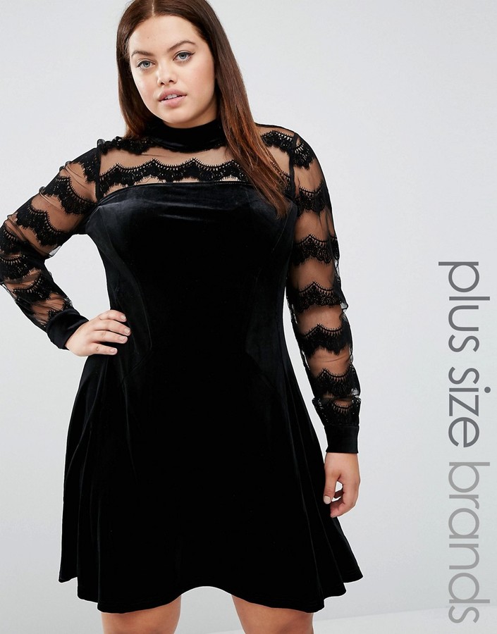 Plus Size Velvet Skater Dress With Mesh Insert