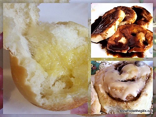 Three pictures of Air Buns. One with butter, one fried into Newfoundland Toutons and one made as a Cinnamon Bun.