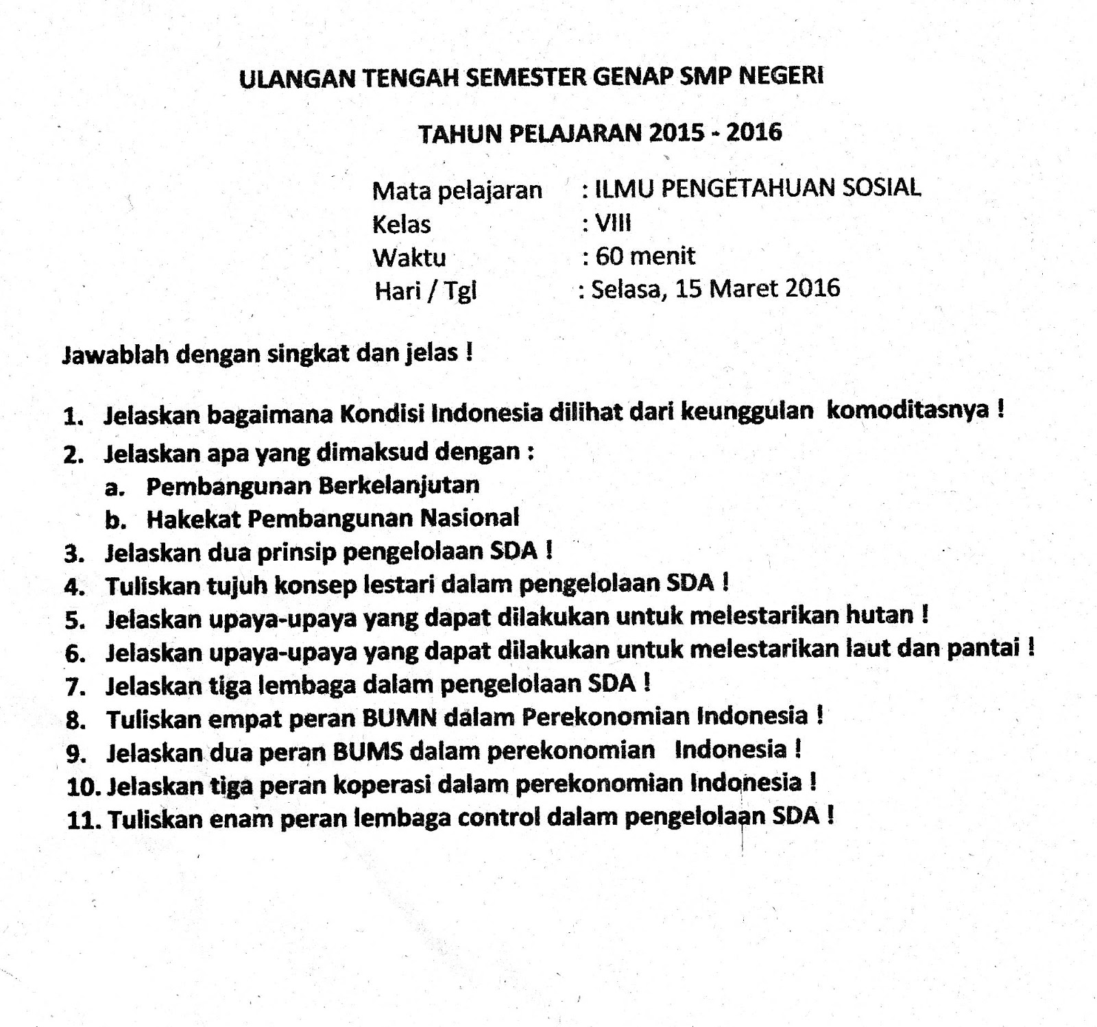 UTS IPS SMP Kelas 8 UTS Semester Genap TA 2015 2016