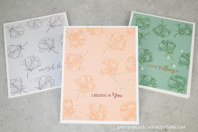 Simple tone on tone flowers scatter across the background of these fun Encouragement cards.  Using Altenew's Peony Bouquet, and My Favorite Thing's Anything-but-Basic Encouragement Stamp Set. 