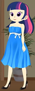 A picture of Twilight Sparkle as a human wearing a blue dress and black high heel shoes. She has a slightly off look to her face.