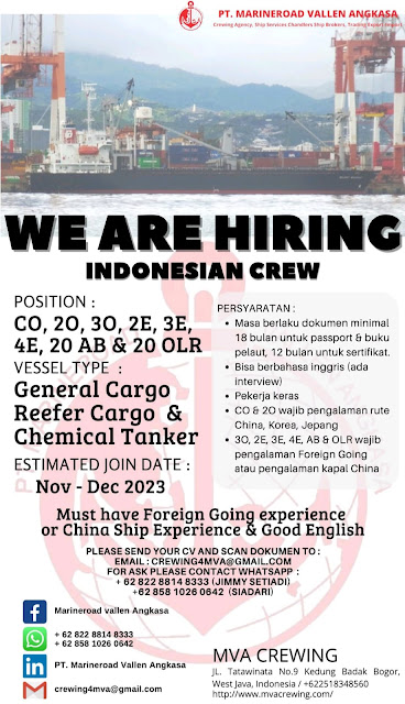 Hiring Indonesian Crew Kapal General Cargo, Reefer Cargo Nov 2023