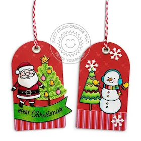Sunny Studio Stamps Santa & Snowman Gift Tags by Mendi Yoshikawa (using Santa Claus Lane & Feeling Frosty Stamps, Build-a-Tag #1 dies and Holiday Cheer 6x6 Paper)