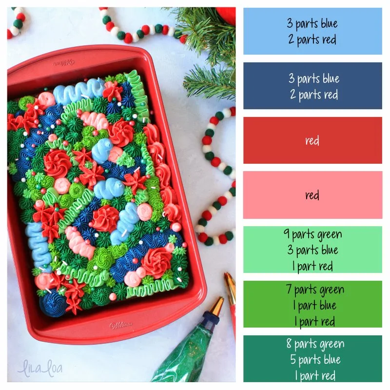 Decorated cake with Christmas butter cream frosting colors and Christmas color palette for frosting or icin