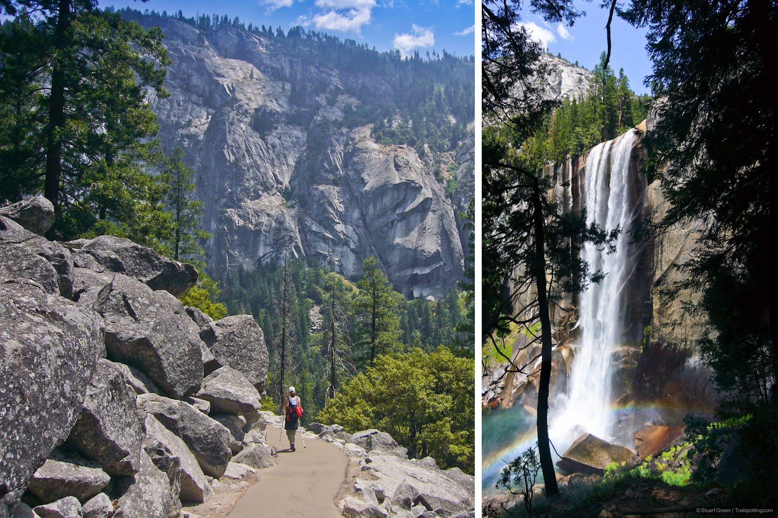 (1) Hiker on a very smooth paved trail. (2) Vernal falls dropping into a chasm, with rainbow coming off the mist