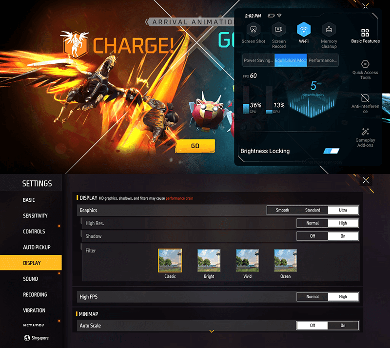 Free Fire graphics settings and iBOOST game engine screencap