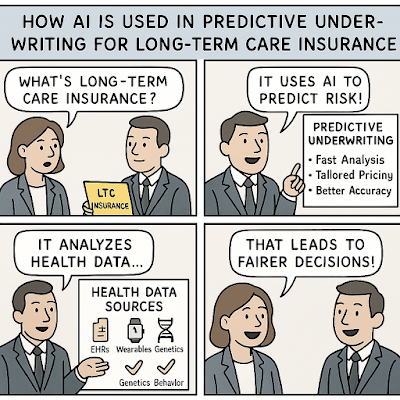 "A four-panel educational digital comic strip titled 'How AI is Used in Predictive Underwriting for Long-Term Care Insurance'. Panel 1: A woman asks, 'What’s long-term care insurance?' while a man holds a file labeled 'LTC Insurance'. Panel 2: The man says, 'It uses AI to predict risk!' pointing to a chart listing 'Fast Analysis, Tailored Pricing, Better Accuracy'. Panel 3: He continues, 'It analyzes health data…' with a visual showing 'EHRs, Wearables, Genetics, Behavior'. Panel 4: The woman responds, 'That leads to fairer decisions!' as both characters smile."