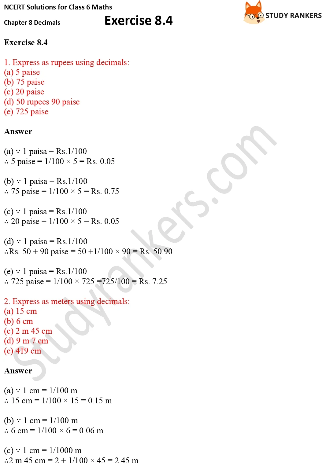 NCERT Solutions for Class 6 Maths Chapter 8 Decimals Exercise 8.4 Part 1