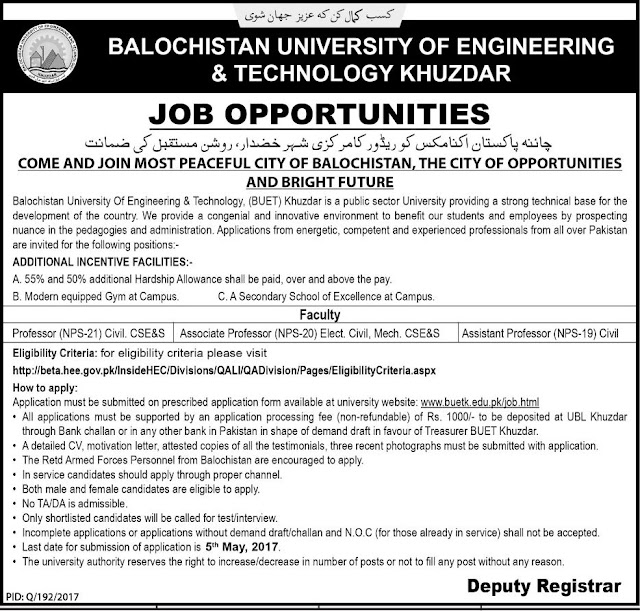 Jobs In Balochistan University Of Engineering And Technology khuzdar job
