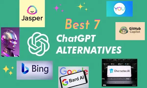 a collage of chat app logos on a green background. The logos are arranged in a grid, with the text "Jasper, Bing, Best 7, ChatGPT ALTERNATIVES, Go Goode, Bard, YOU, GitHub Copilot, Character.AI" at the top.  The logos are all different colors, but the green background makes them stand out.