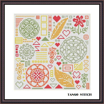 Orange green ornament cross stitch sampler pattern